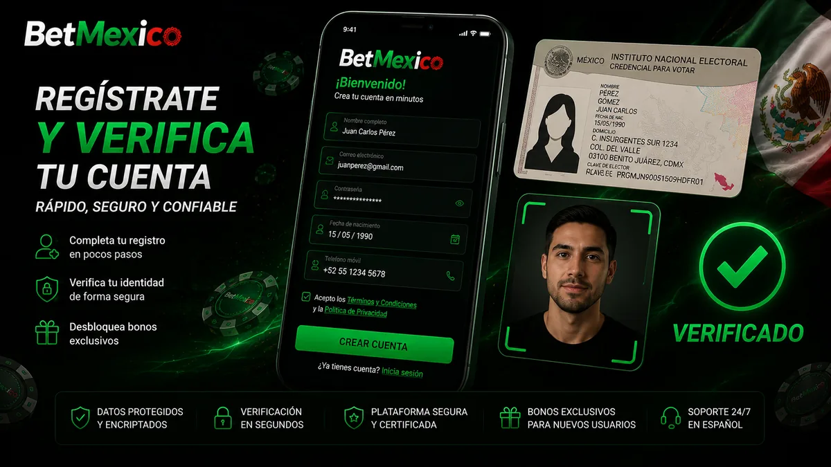 Registro en BetMexico Casino 2026: formulario de alta y pantalla de verificación de identidad con INE y selfie